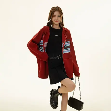 美式复古连帽卫衣女春秋2023年新款针织宽松oversize印花开衫外套商品大图