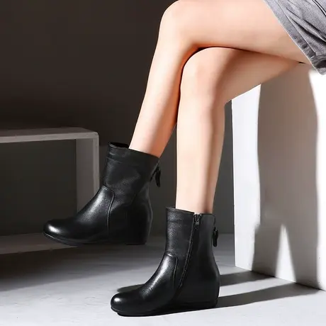 真皮短靴女平底内增高马丁靴新款侧拉链平跟女靴圆头全牛皮女士靴商品大图