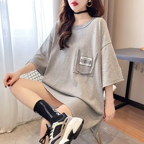 短袖t恤女夏韩版宽松大码女装中长款设计感小众百搭个性上衣服潮商品大图