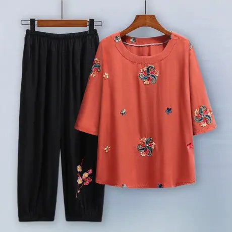 棉绸妈妈装夏季套装中老年女装夏装大码名族风奶奶装宽松老人t恤商品大图