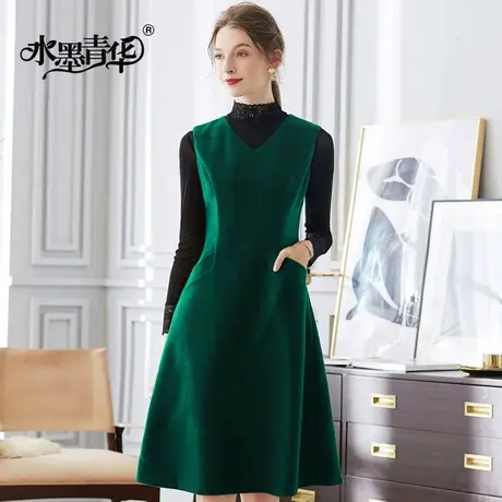 【1件7.9折】冬装新款简约修身A字裙气质优雅时尚收腰无袖连衣裙图片