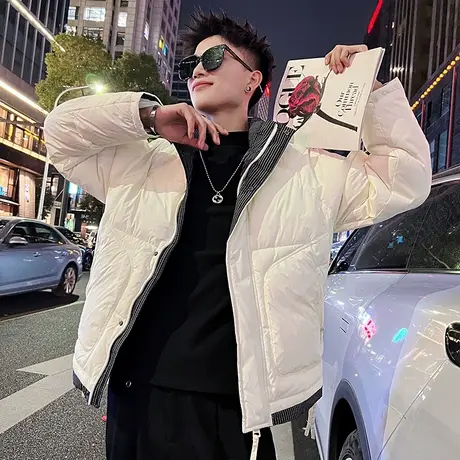 设计感立领格子拼接假两件羽绒服男冬季新款潮牌轻熟风白鸭绒外套图片