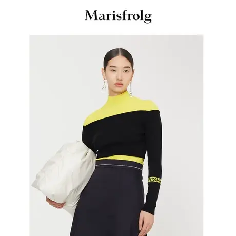 【言选好物】玛丝菲尔拼色毛衣女冬季新黑色套头修身毛针织衫商品大图