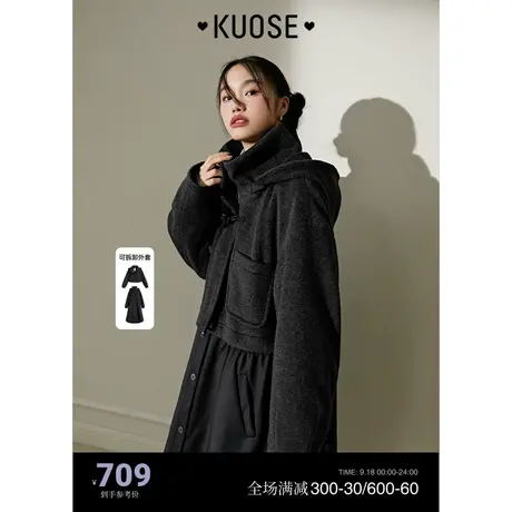 阔色黑色可拆卸设计感毛呢外套女2023秋冬季新款中长款呢子大衣商品大图