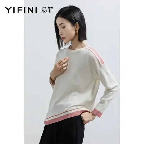 Yifini/易菲圆领长袖针织衫女2023春秋新款斜下摆条纹套头毛衫图片