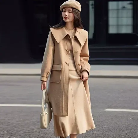 时尚气质淑女翻领加厚毛呢中长款大衣女2023冬季新款百搭休闲外套商品大图