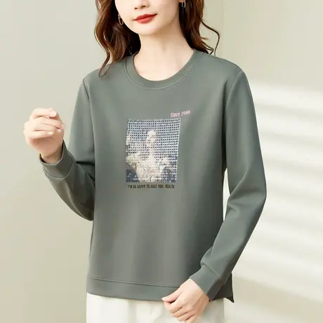 正肩圆领卫衣女春秋2023年新款时尚欧货宽松休闲上衣大码薄款外套商品大图