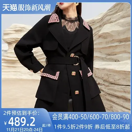 AUI黑色御姐气质短款毛呢外套女2023年冬新款欧洲站修身呢子大衣图片