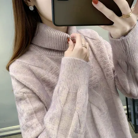 高领毛衣秋装女2023年新款慵懒风宽松外穿麻花开叉针织打底衫女图片