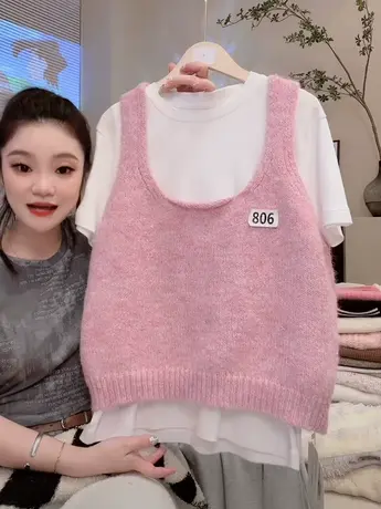 茵蔚早秋叠穿U领毛衣背心女韩版宽松软糯百搭外穿套头马甲针织衫图片