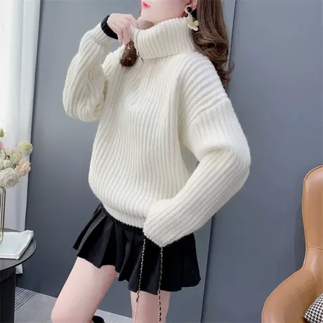 加厚保暖高领毛衣女秋冬新款宽松百搭设计感半拉链针织打底上衣潮商品大图