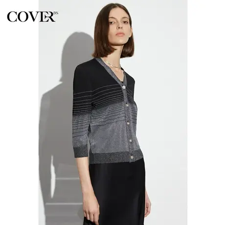 COVER夏季光银色条纹针织衫V领开衫商品大图