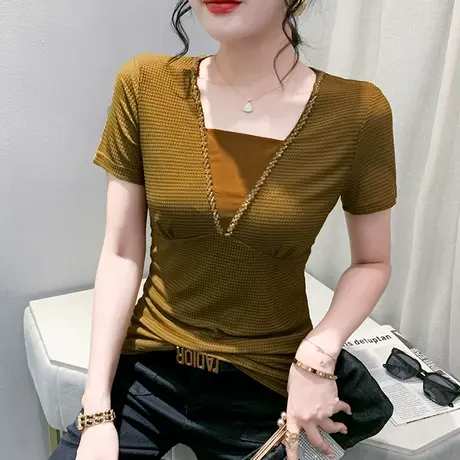 女装2024新款性感网纱上衣短袖修身显瘦气质T恤时尚钉珠V领小衫夏图片