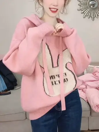 时尚设计感兔子连帽针织衫女2023秋冬季新款洋气外套宽松百搭毛衣商品大图