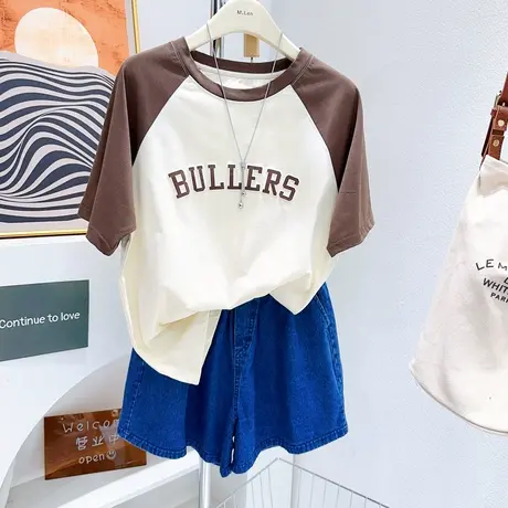 小个子微胖显瘦搭配~韩国东大门学院风夏季美式复古插肩袖T恤纯棉图片