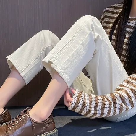 杏色九分高腰牛仔裤女直筒裤2023年早春新款显瘦烟管裤小个子裤子商品大图