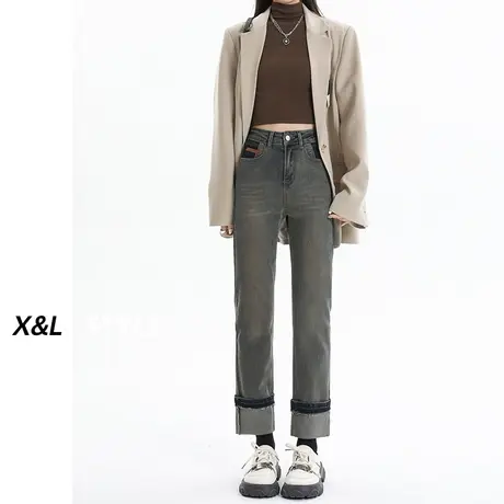 水泥灰直筒牛仔裤女春秋季2023新款爆款高腰宽松显瘦窄版烟管裤子商品大图