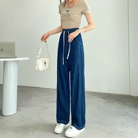 天丝阔腿牛仔裤女夏季薄款高腰垂感窄版显瘦松紧腰深蓝直筒长裤潮商品大图