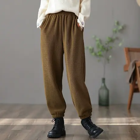 dza 高腰显瘦纯棉加绒裤子女士宽松阔腿裤复古冬季加厚裤直筒女裤图片