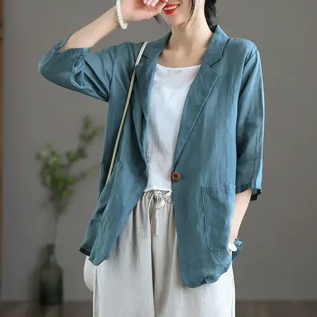 dza 苎麻西装外套2022新薄款夏季休闲西服女士七分袖开衫棉麻上衣图片