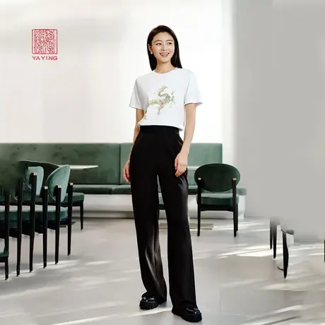 EP雅莹高端系列 通勤小黑裤松紧腰阔腿直筒裤 2023秋冬新款6409A图片