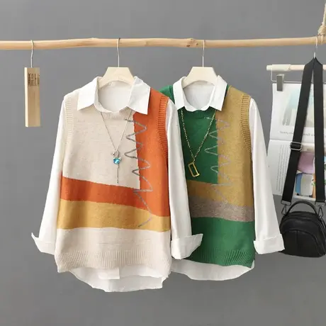 时尚撞色针织毛衣女士无袖外搭马甲秋装宽松2024年新款背心坎肩潮商品大图