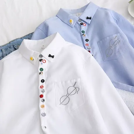 2019秋冬新款加绒加厚白色衬衫女长袖宽松学院风百搭打底保暖衬衣商品大图