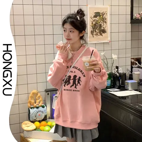 红续韩系文艺浅粉色圆领卫衣潮秋冬新款加厚显瘦长袖百搭套头上衣商品大图