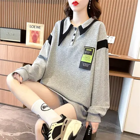 翻领polo衫早秋卫衣女春秋季韩版宽松中长款初秋百搭薄款上衣外套商品大图