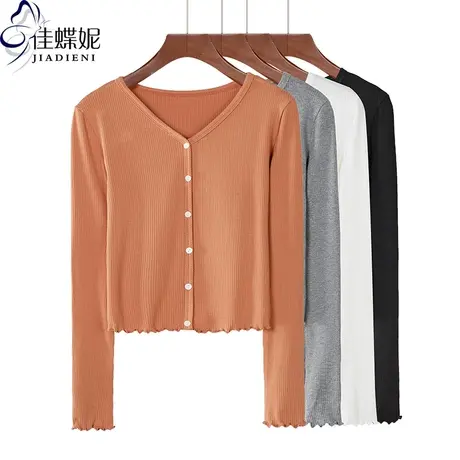 春秋季新款V领短款高腰长袖T恤纯棉木耳边螺纹百搭修身显瘦上衣女商品大图