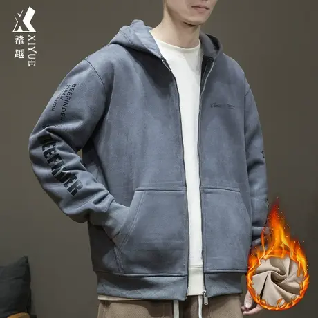 重磅480g麂皮绒开衫卫衣男冬季宽松大码胖子男士加绒加厚连帽外套商品大图