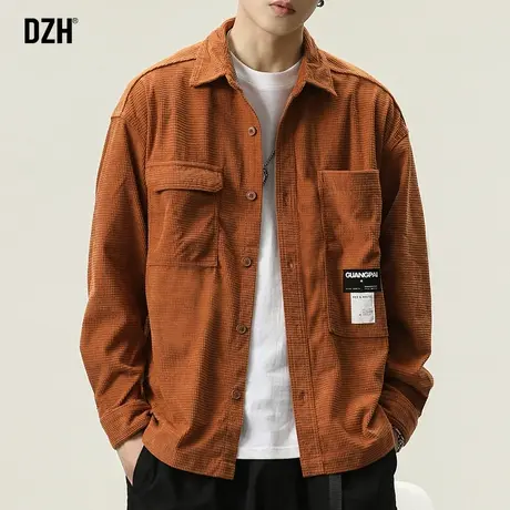 男士美式复古华夫格衬衫男长袖秋季宽松衬衣外套2024新款休闲上衣商品大图