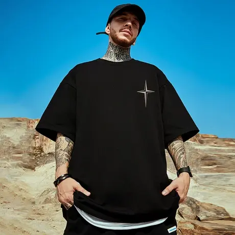 重磅高街潮牌宽松T恤简约短袖加肥加大码五分袖纯棉肥佬男装夏季商品大图