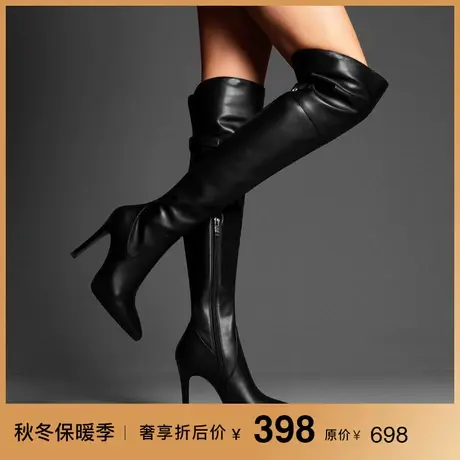 熙漫2023秋冬新款尖头加绒过膝长靴经典气质百搭黑色显瘦细跟女靴商品大图