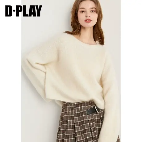 DPLAY冬琎口加厚马海毛慵懒风奶油白圆领落肩针织套头毛衣商品大图