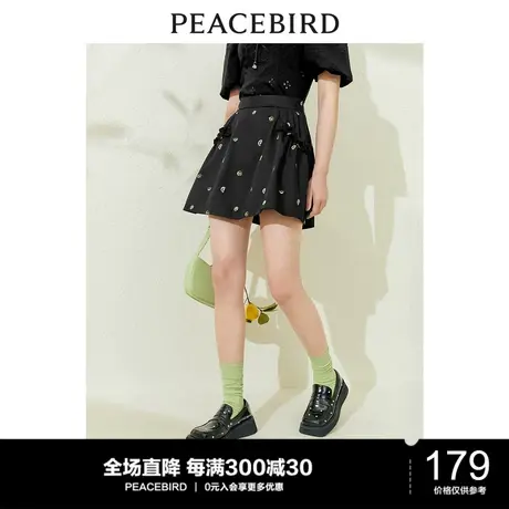 太平鸟黑色半身裙女a字高腰显瘦早春新款刺绣花边设计感短裙图片