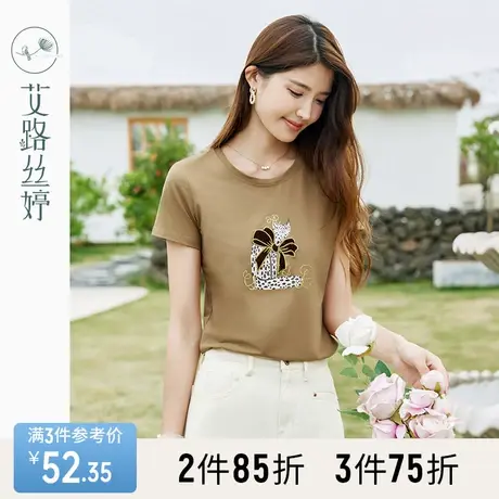 艾路丝婷豹纹猫咪图案t恤女短袖2023年夏季新款圆领遮肉显瘦上衣商品大图