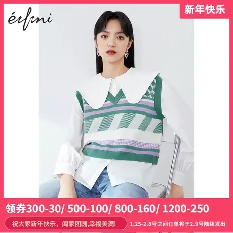 伊芙丽衬衫女春秋新款假两件复古套头设计感拼接针织衫1C1930361商品大图