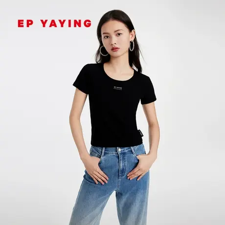 EP雅莹女装 黑色修身显瘦短袖t恤甜辣小上衣 2023新款5331A图片