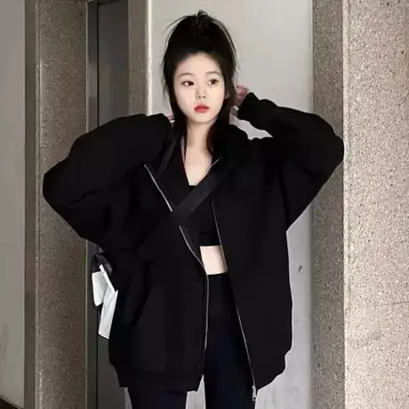 高级感连帽卫衣加绒黑色拉链开衫小众慵懒加绒加厚外套百搭休闲女商品大图