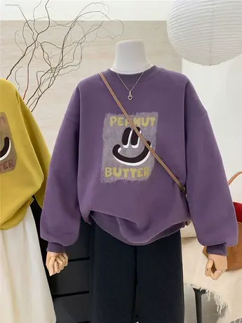 加绒加厚卫衣女秋冬2024新款复古宽松笑脸印花慵懒风休闲外套上衣商品大图