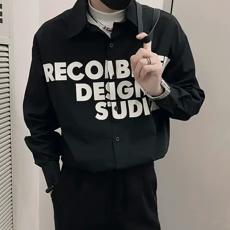 长袖衬衫男外套春秋季新款字母印花美式潮牌INS宽松休闲衬衣外套商品大图
