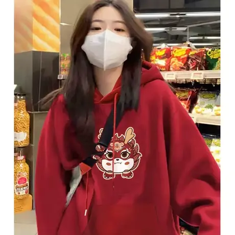 中国红色龙头宽松连帽卫衣女2024秋冬新款欧货大版加绒加厚上衣潮商品大图