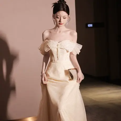 香槟色晚礼服裙一字肩高端轻婚纱高级感伴娘服宴会主持人连衣裙女商品大图