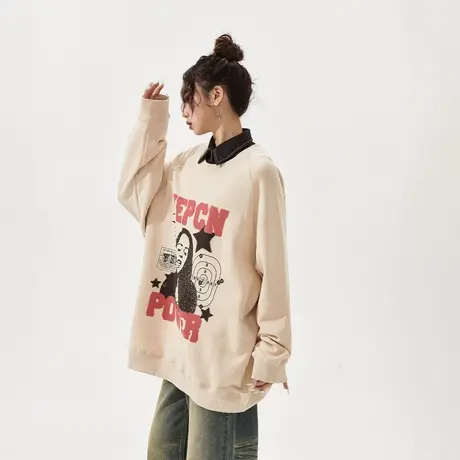 YEP美式复古圆领卫衣女春秋2024新款潮牌印花宽松情侣装无帽上衣商品大图