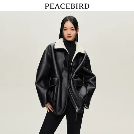 【空姐昕怡专享】太平鸟PU皮机车服外套女2023秋冬加绒外套图片