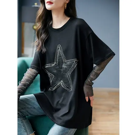 宝诗黎假两件拼接烫钻T恤2024春季新款设计感长袖时尚宽松上衣女商品大图