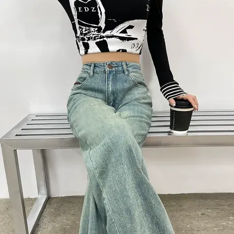 高腰窄版阔腿牛仔裤女2024春秋新款高腰显瘦宽松百搭直筒拖地长裤图片