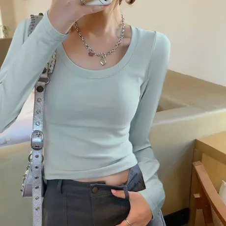 纯色内搭长袖T恤春季洋气时髦修身女士打底衫韩版U领正肩上衣潮商品大图
