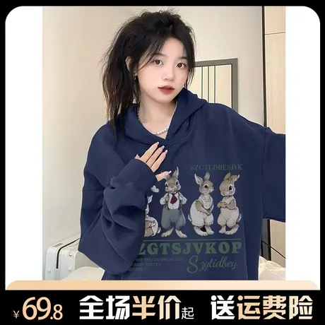 连帽卫衣女秋冬2024新款爆款美式复古宽松慵懒风vibe高街加绒外套图片